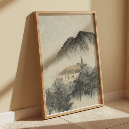 Premium Poster of Mountain Landscape with Misty Forest and House Posters