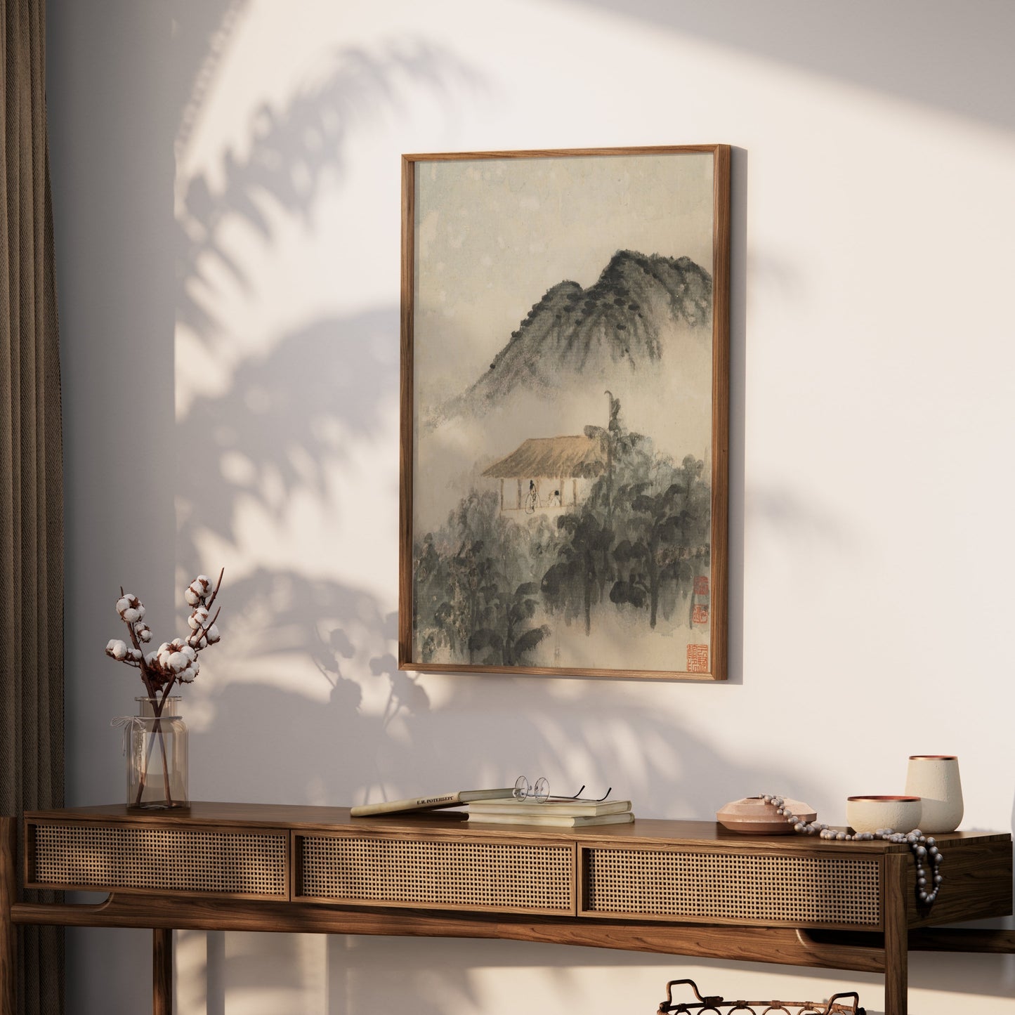Premium Poster of Mountain Landscape with Misty Forest and House Posters