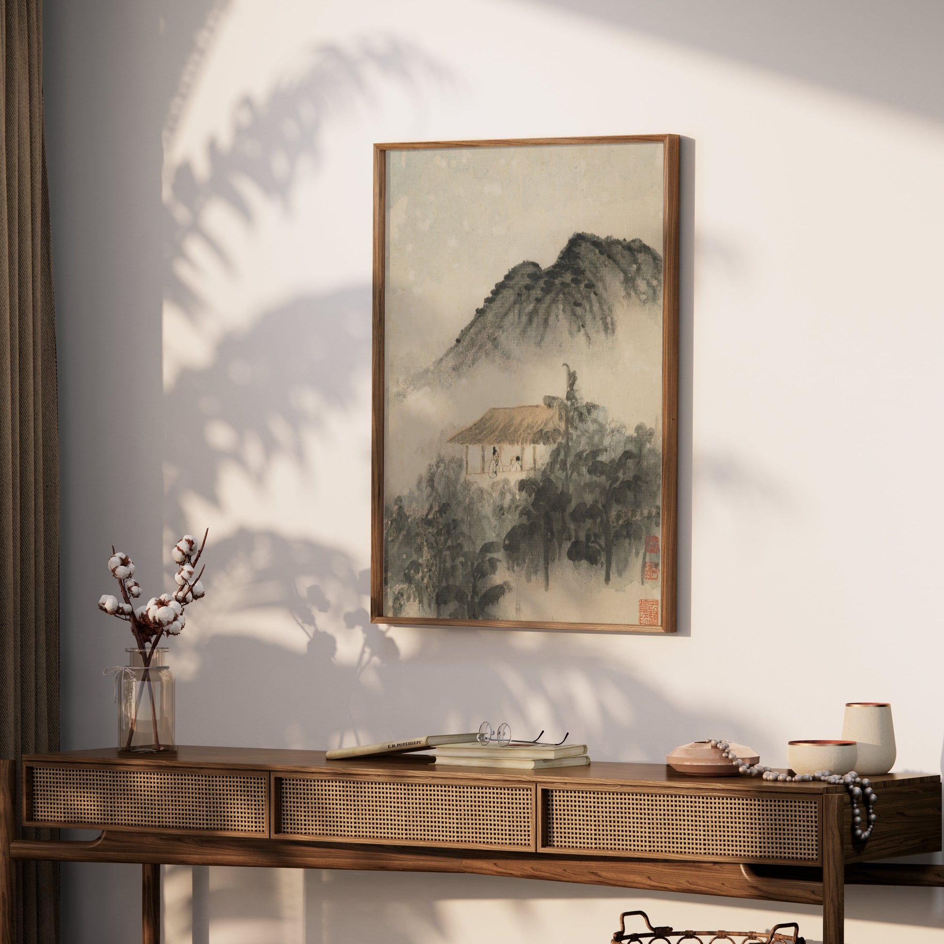 Premium Poster of Mountain Landscape with Misty Forest and House Posters