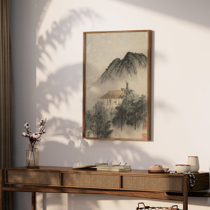 Premium Poster of Mountain Landscape with Misty Forest and House Posters