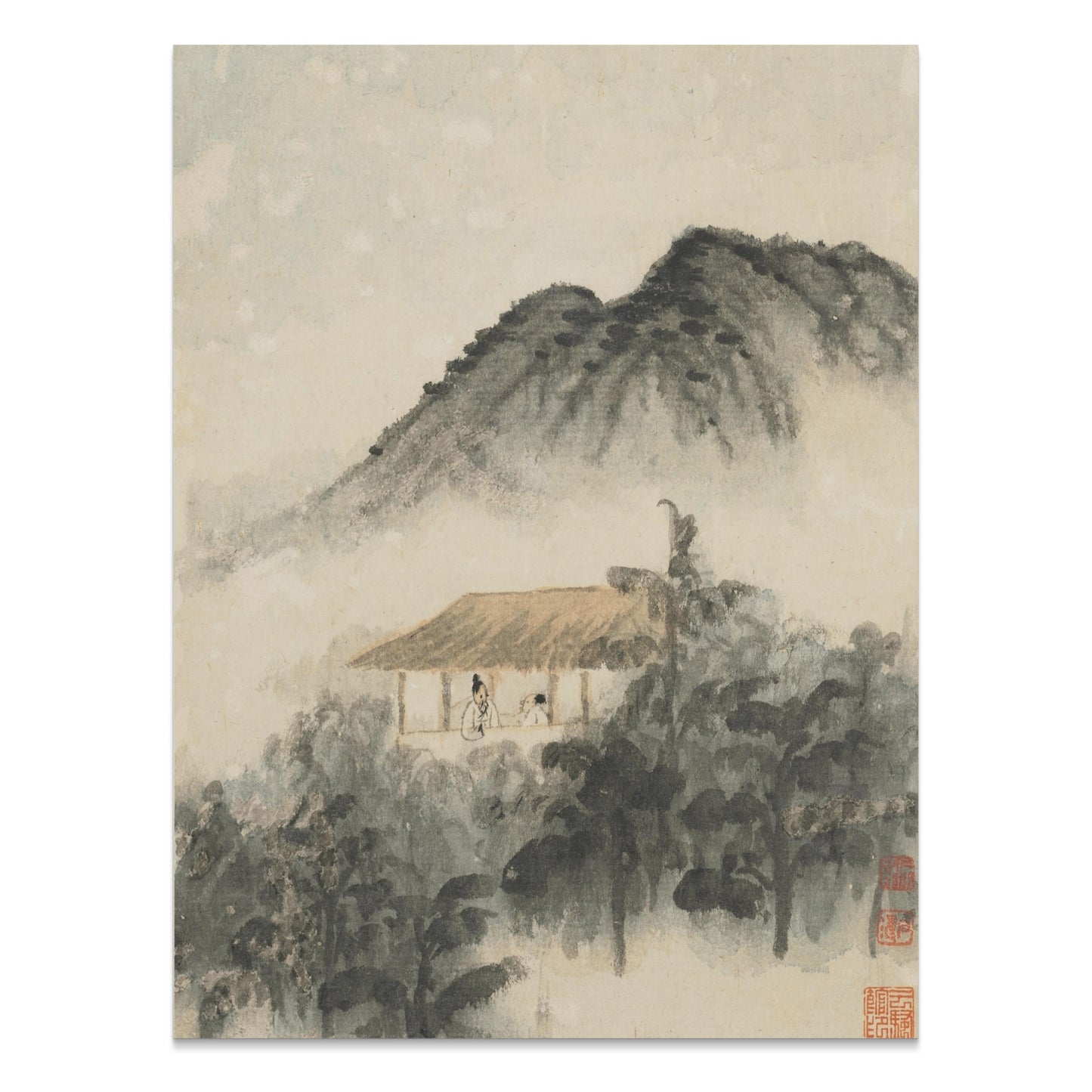 Premium Poster of Mountain Landscape with Misty Forest and House Posters