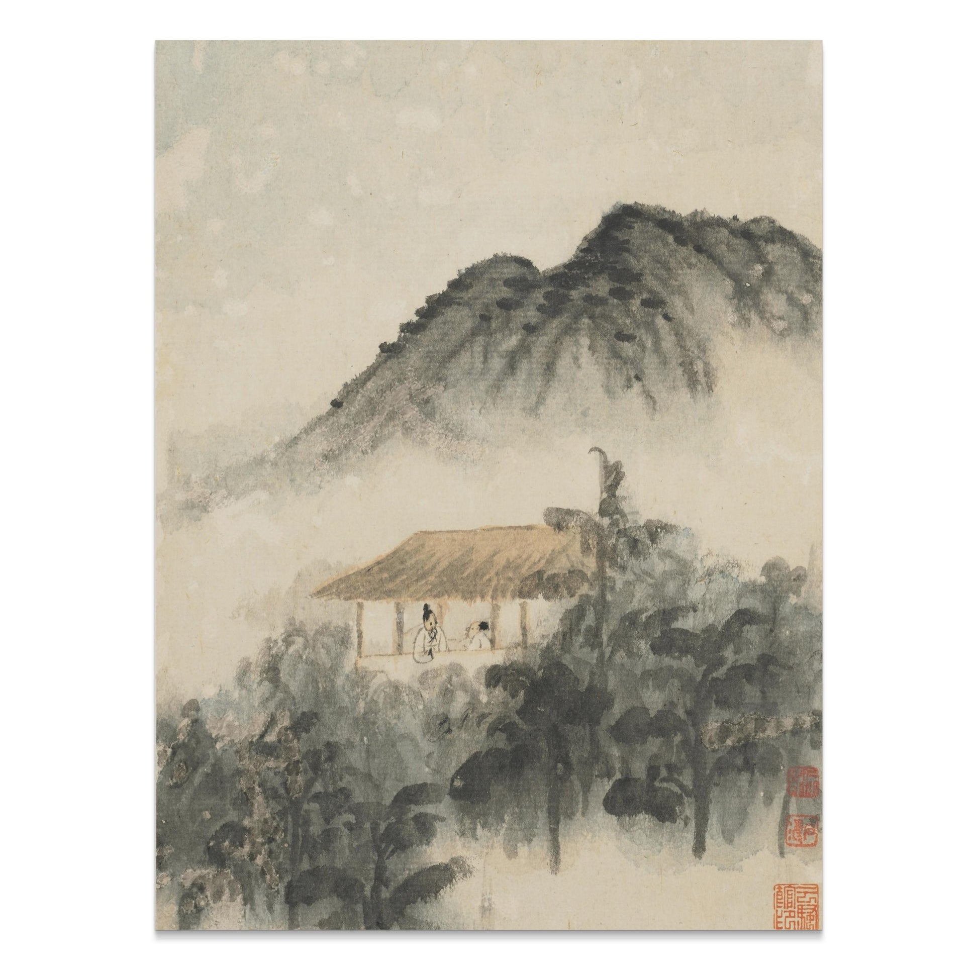 Premium Poster of Mountain Landscape with Misty Forest and House Posters