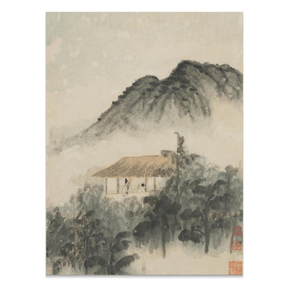 Premium Poster of Mountain Landscape with Misty Forest and House Posters