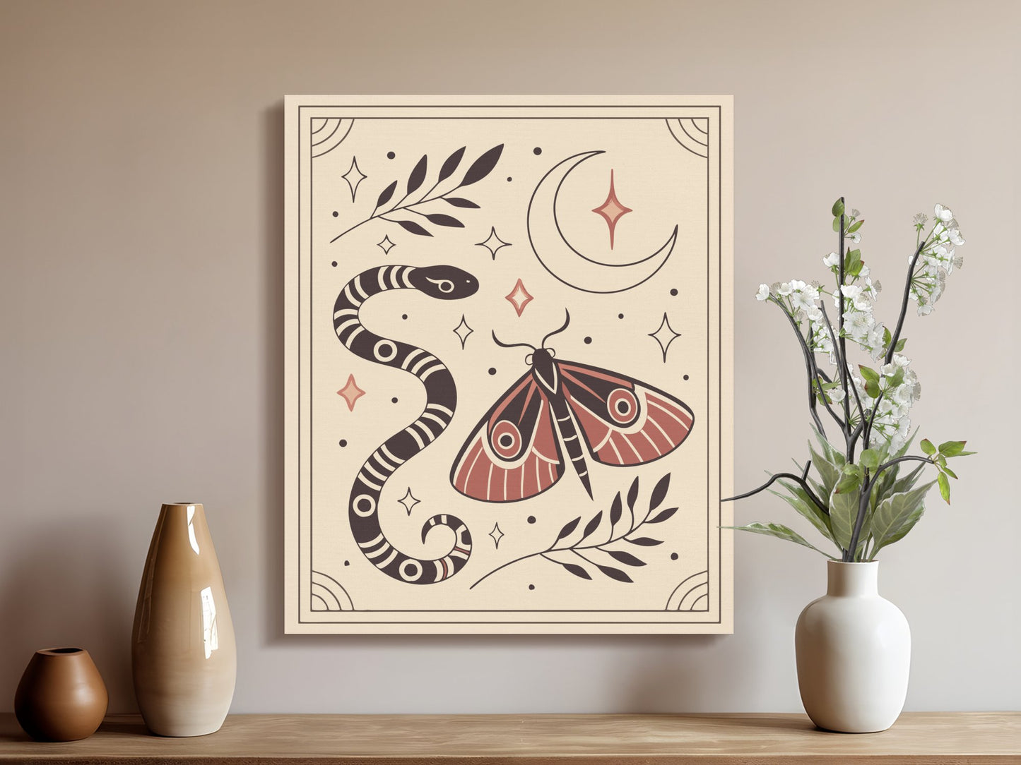 Premium Poster of Mystical Snake and Moth Celestial Themed Canvas Wraps