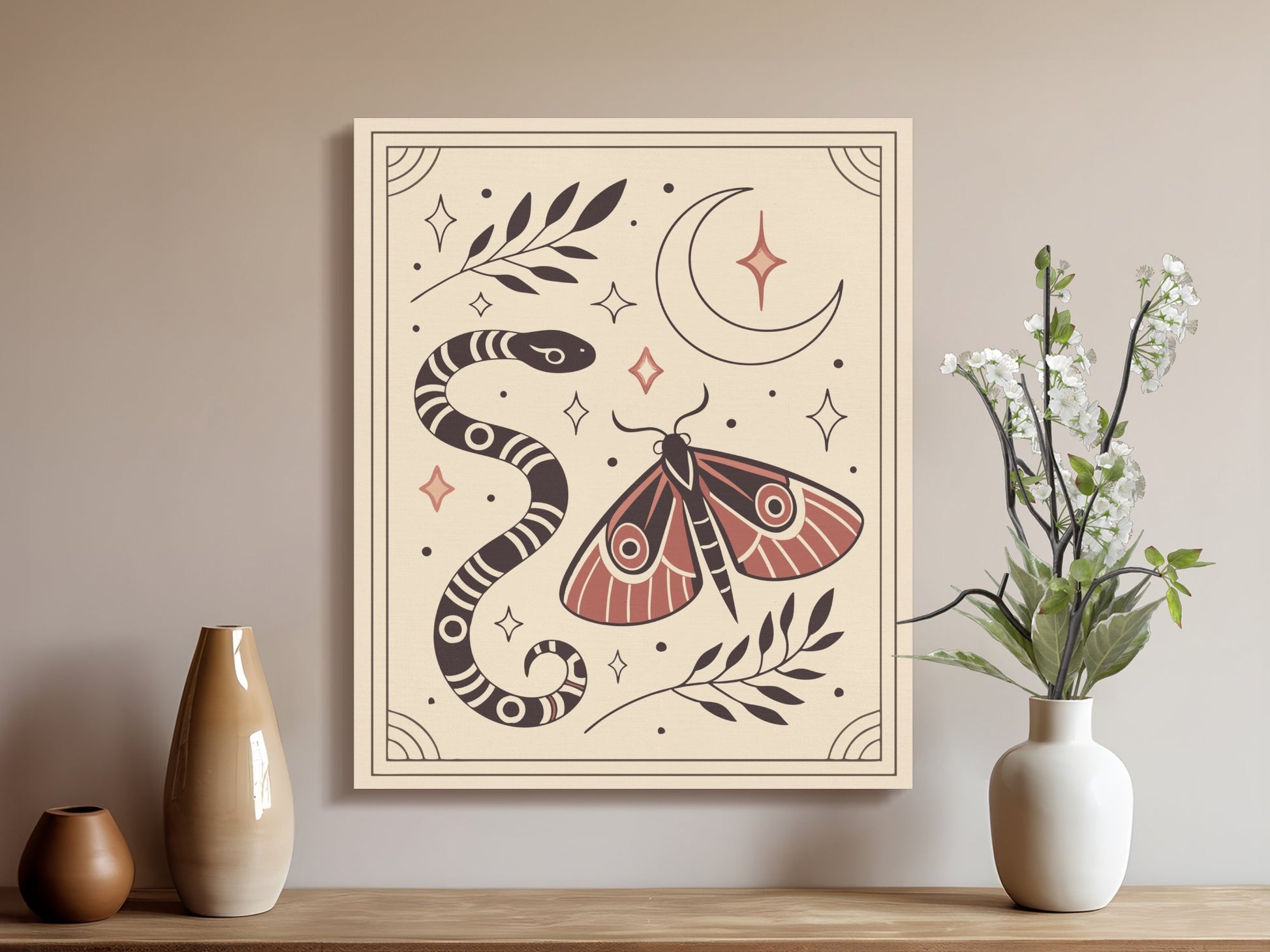 Premium Poster of Mystical Snake and Moth Celestial Themed Canvas Wraps