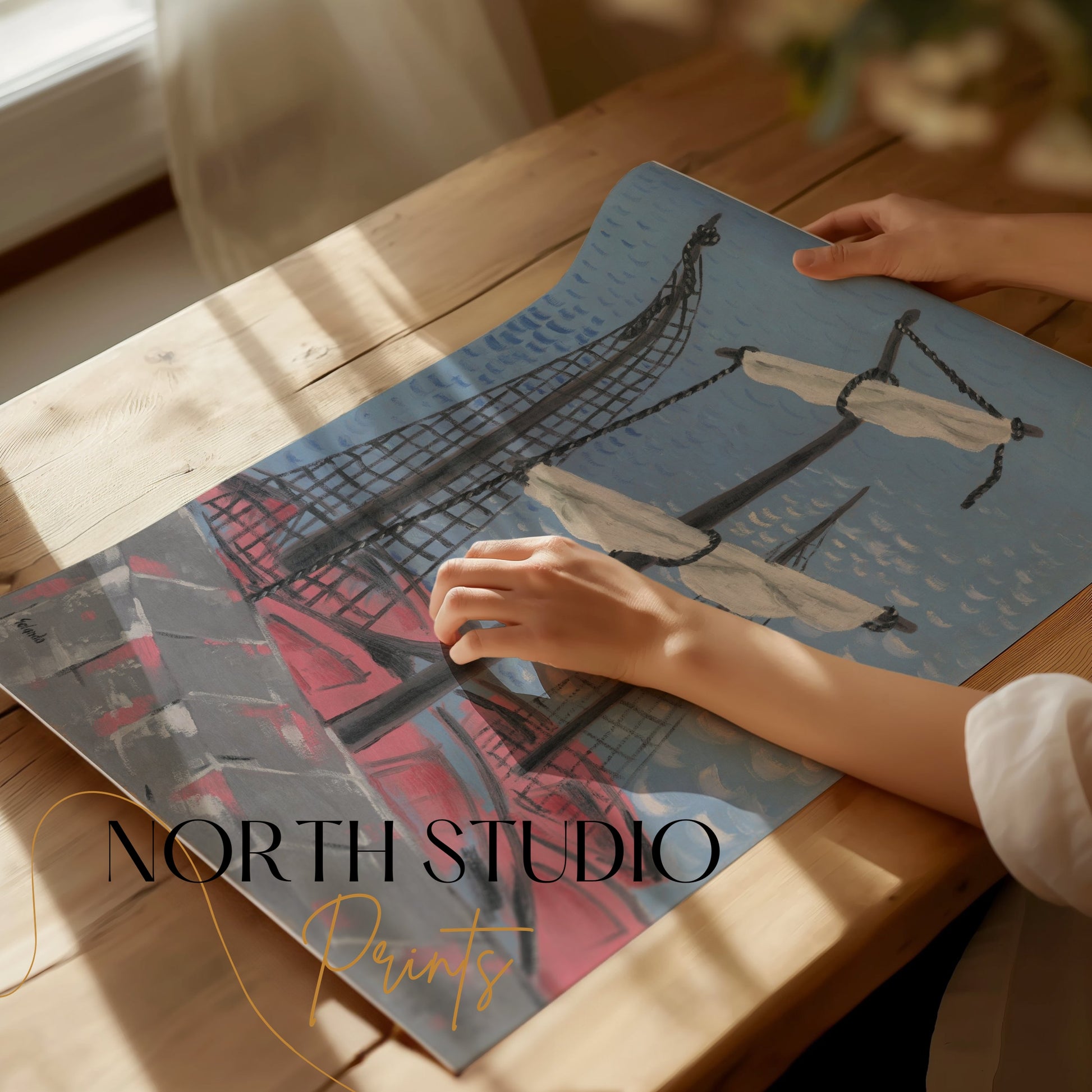 Premium Poster of Nautical Ship Mast Painting with Red Sails Posters