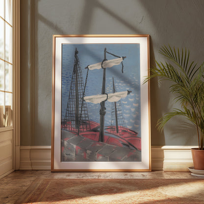 Premium Poster of Nautical Ship Mast Painting with Red Sails Posters