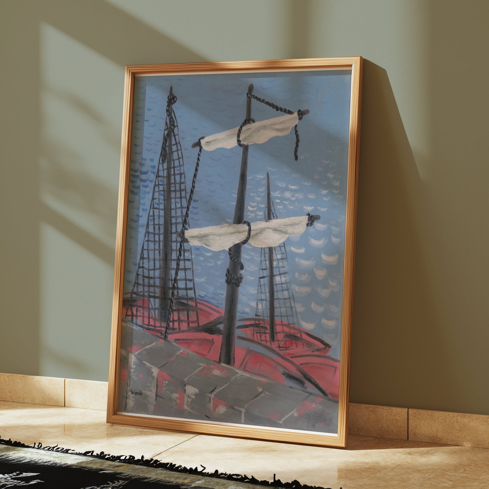 Premium Poster of Nautical Ship Mast Painting with Red Sails Posters