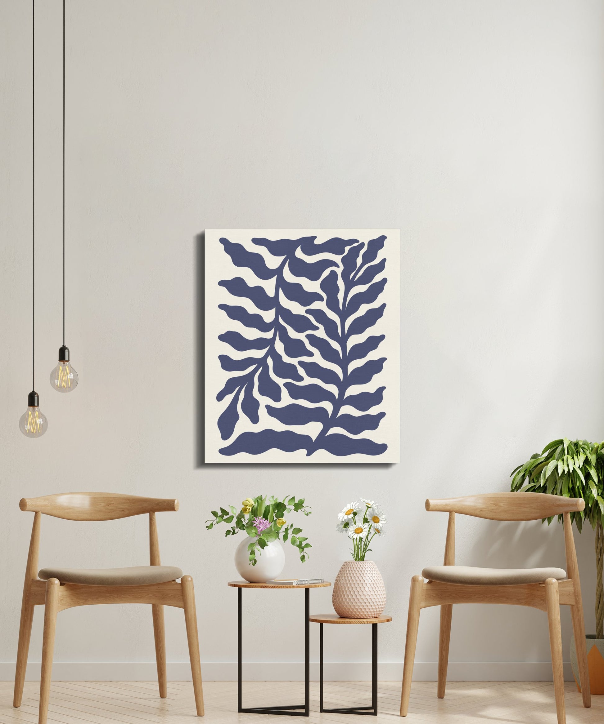 Premium Poster of Navy Blue Botanical Leaves Floral Wall Art Canvas Wraps