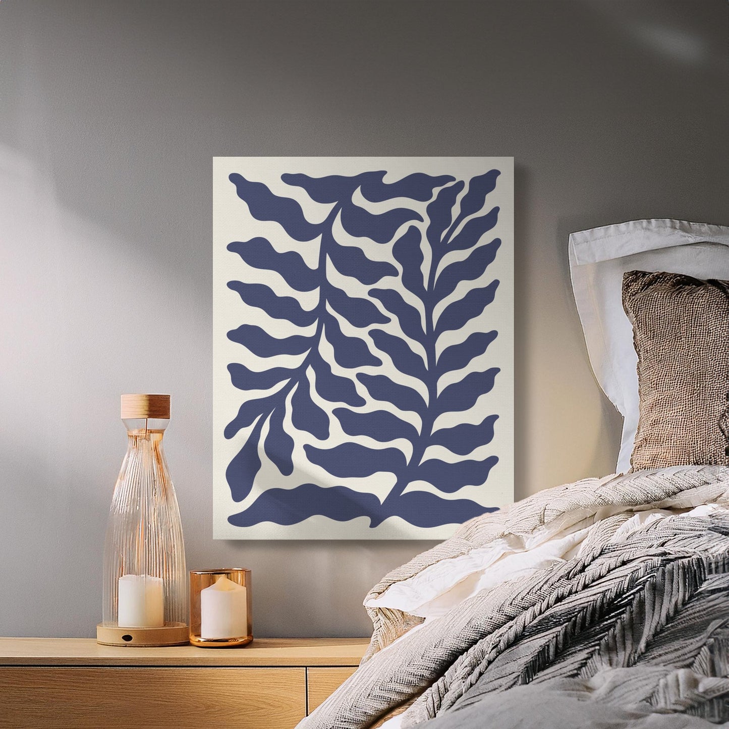 Premium Poster of Navy Blue Botanical Leaves Floral Wall Art Canvas Wraps