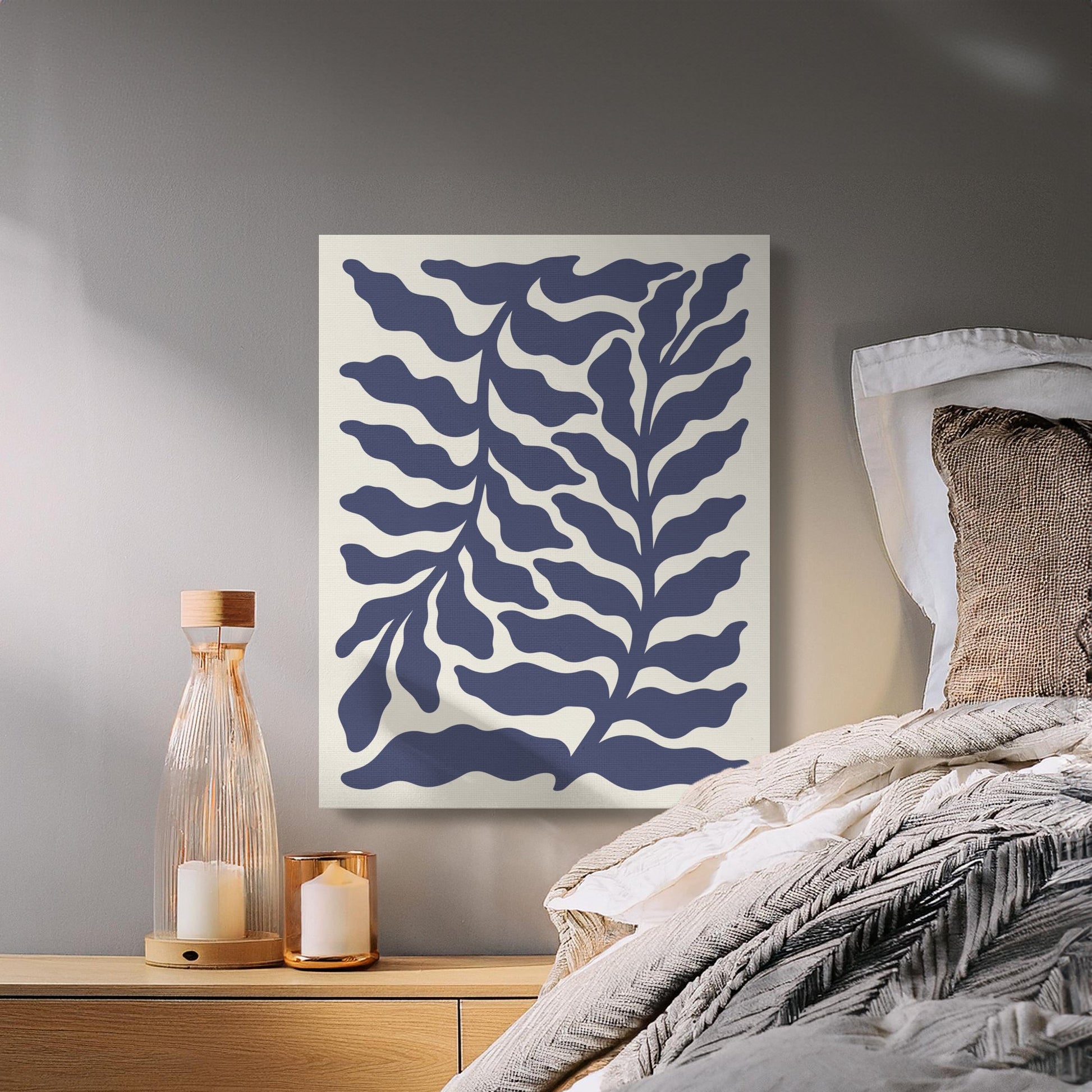 Premium Poster of Navy Blue Botanical Leaves Floral Wall Art Canvas Wraps