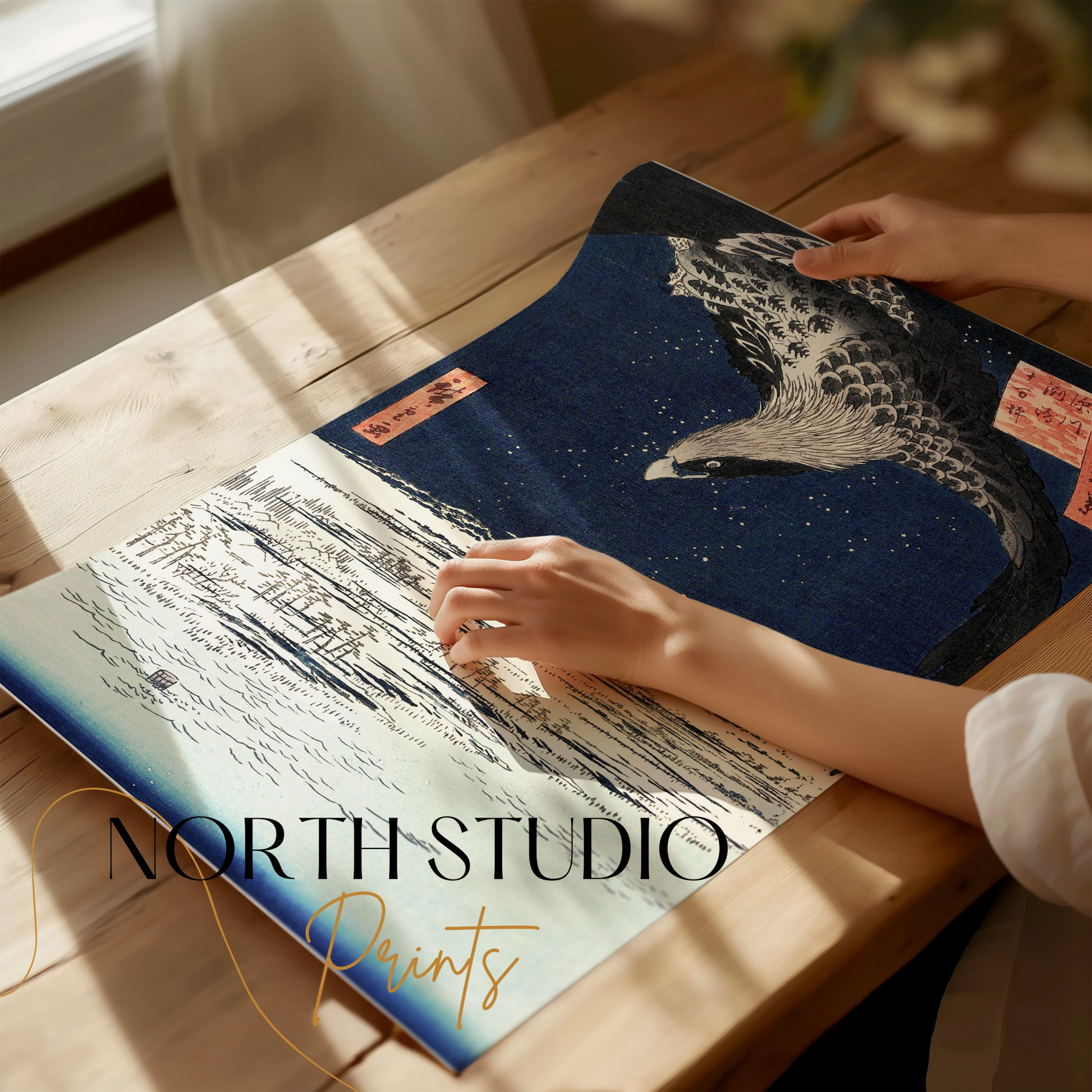 Premium Poster of Nighttime Flight Over Snowy Fields Japanese Posters