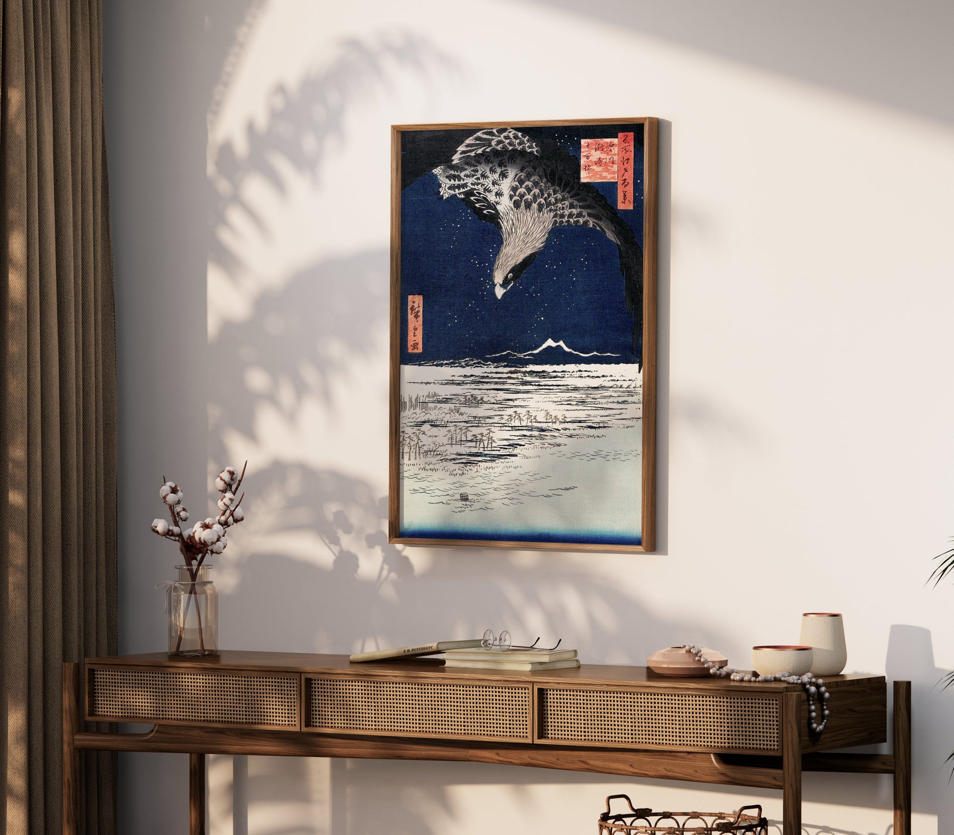 Premium Poster of Nighttime Flight Over Snowy Fields Japanese Posters