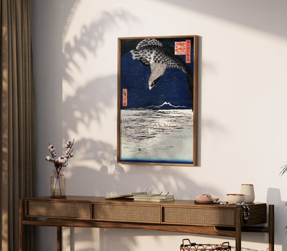 Premium Poster of Nighttime Flight Over Snowy Fields Japanese Posters