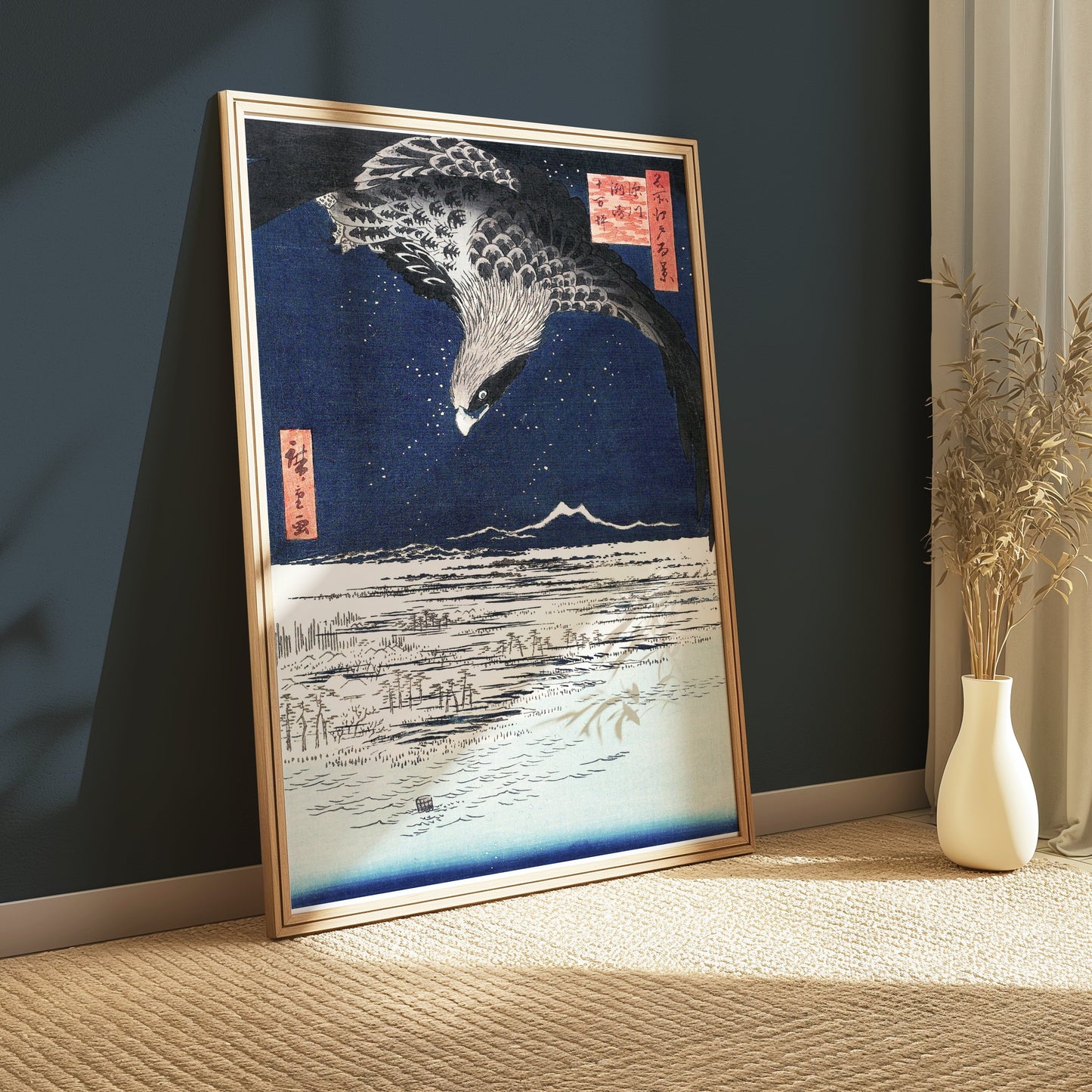Premium Poster of Nighttime Flight Over Snowy Fields Japanese Posters