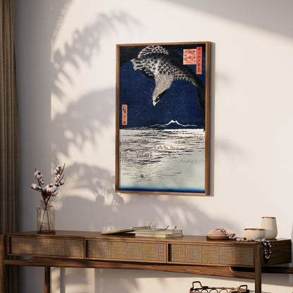 Premium Poster of Nighttime Flight Over Snowy Fields Japanese Posters