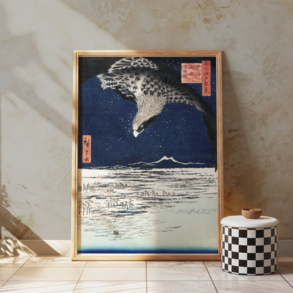 Premium Poster of Nighttime Flight Over Snowy Fields Japanese Posters