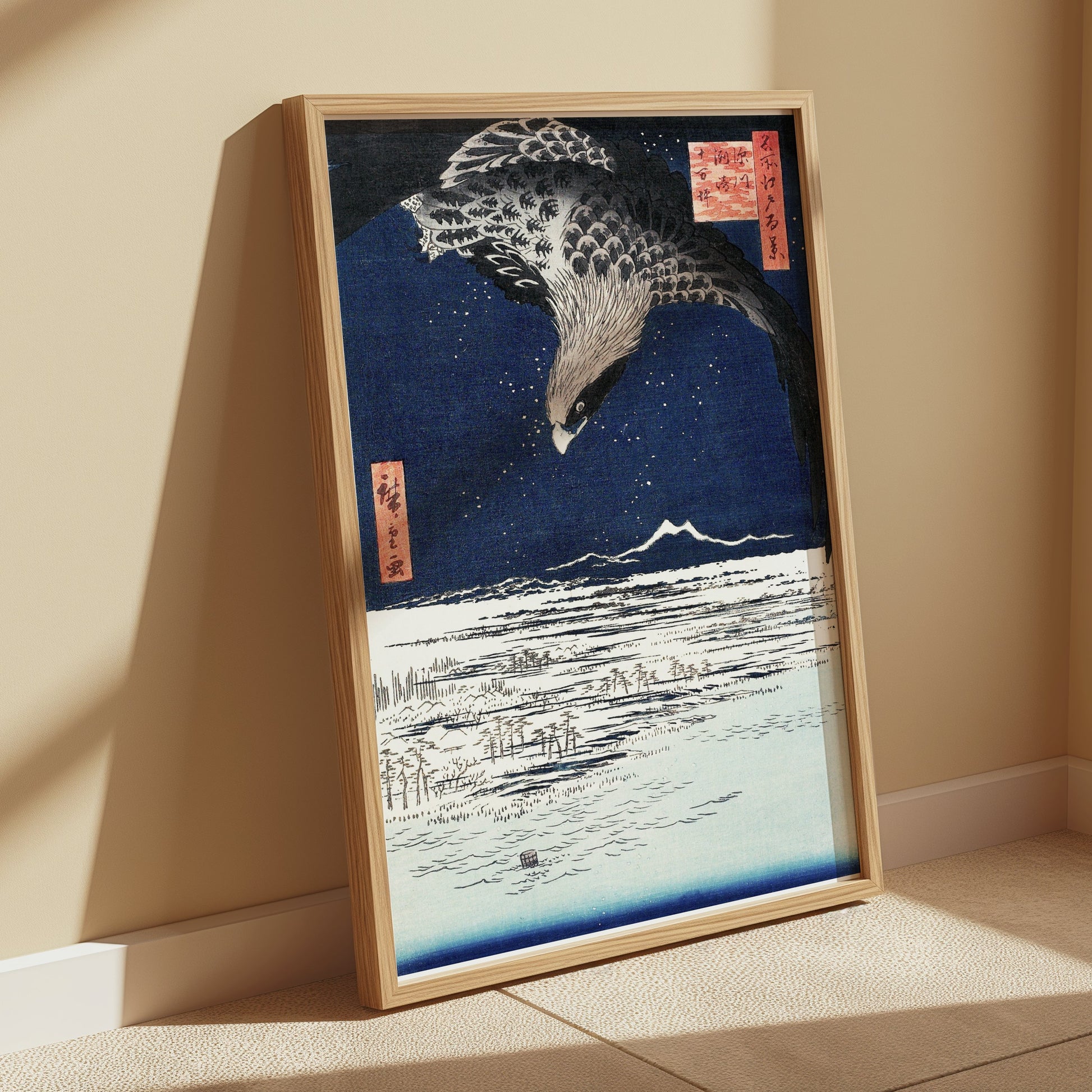 Premium Poster of Nighttime Flight Over Snowy Fields Japanese Posters