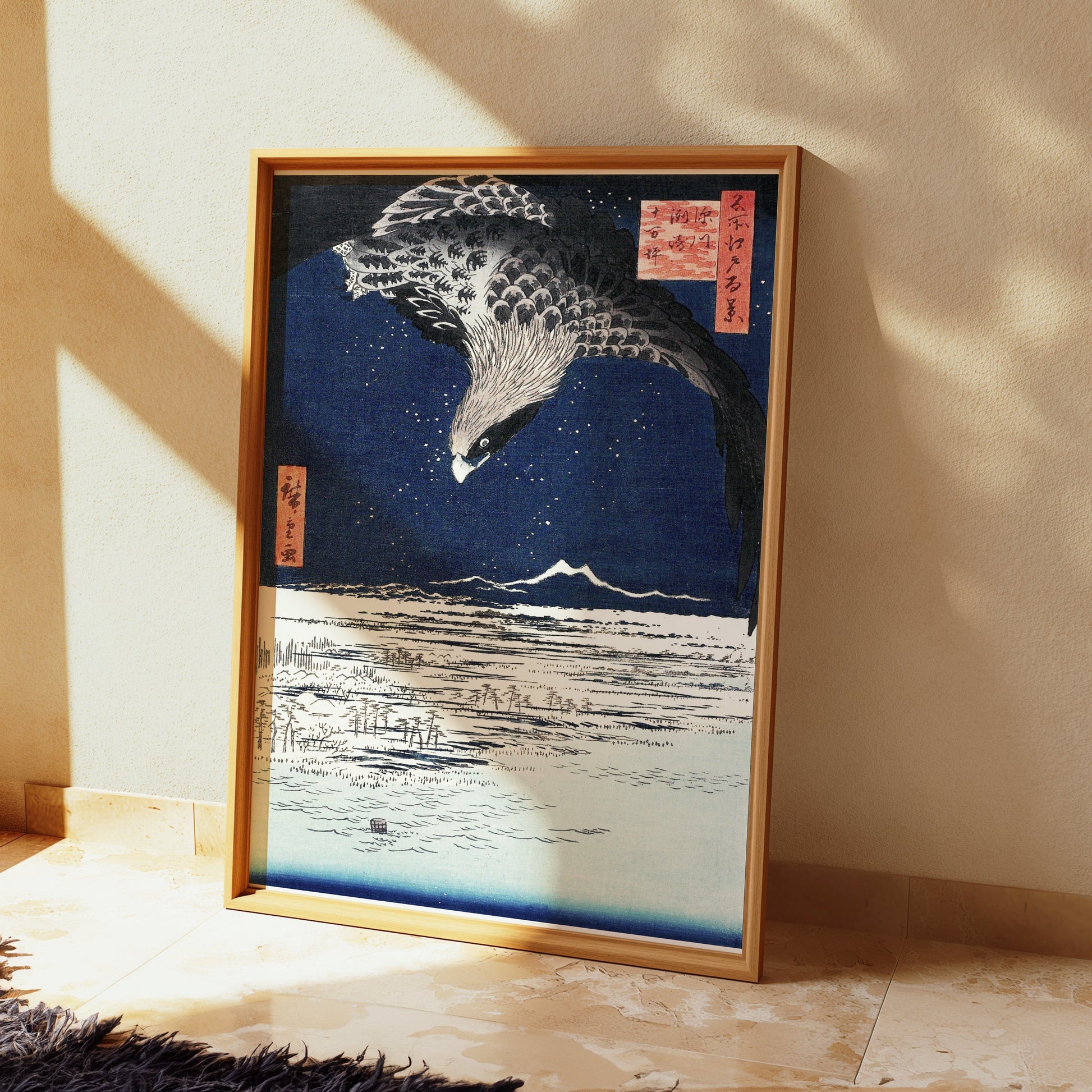 Premium Poster of Nighttime Flight Over Snowy Fields Japanese Posters
