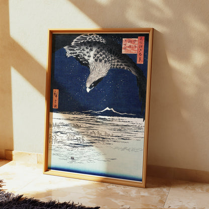 Premium Poster of Nighttime Flight Over Snowy Fields Japanese Posters