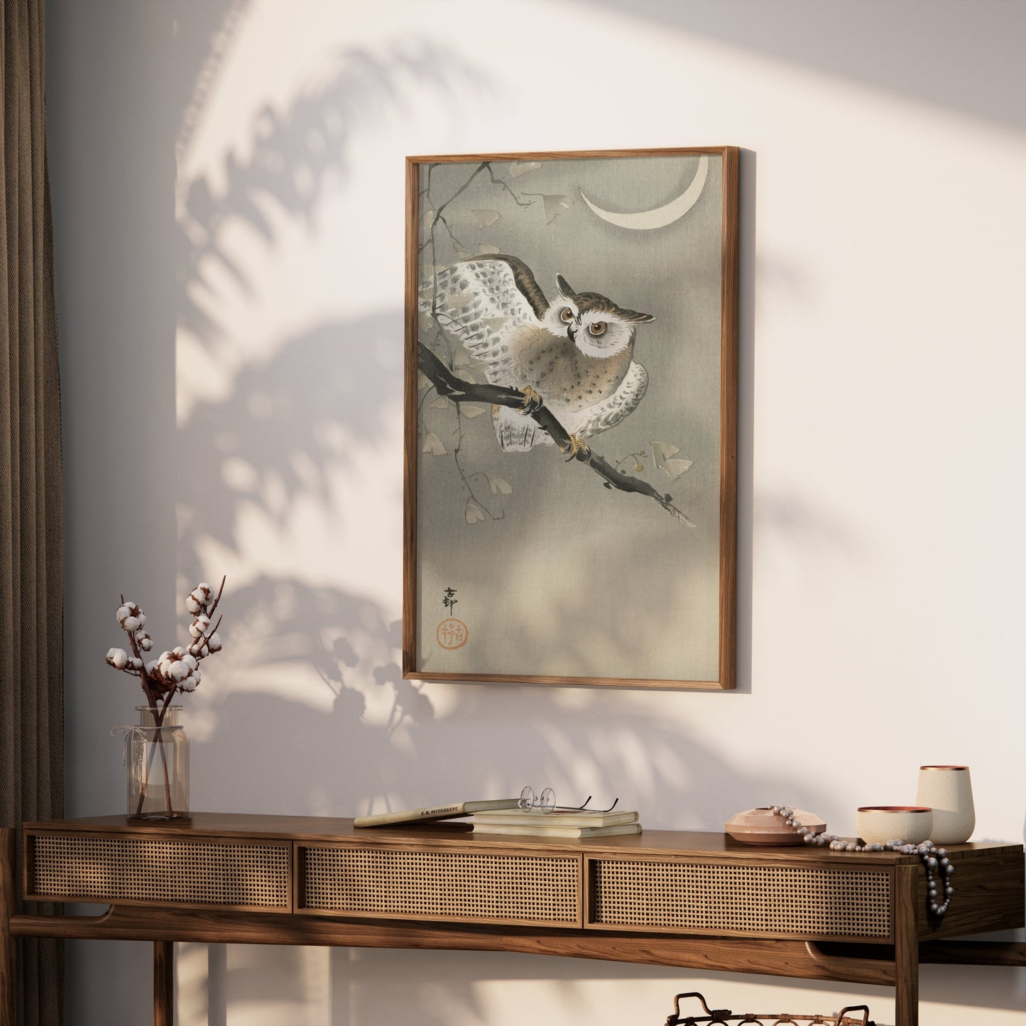 Premium Poster of Nocturnal Owl on Branch with Crescent Moon Art Posters