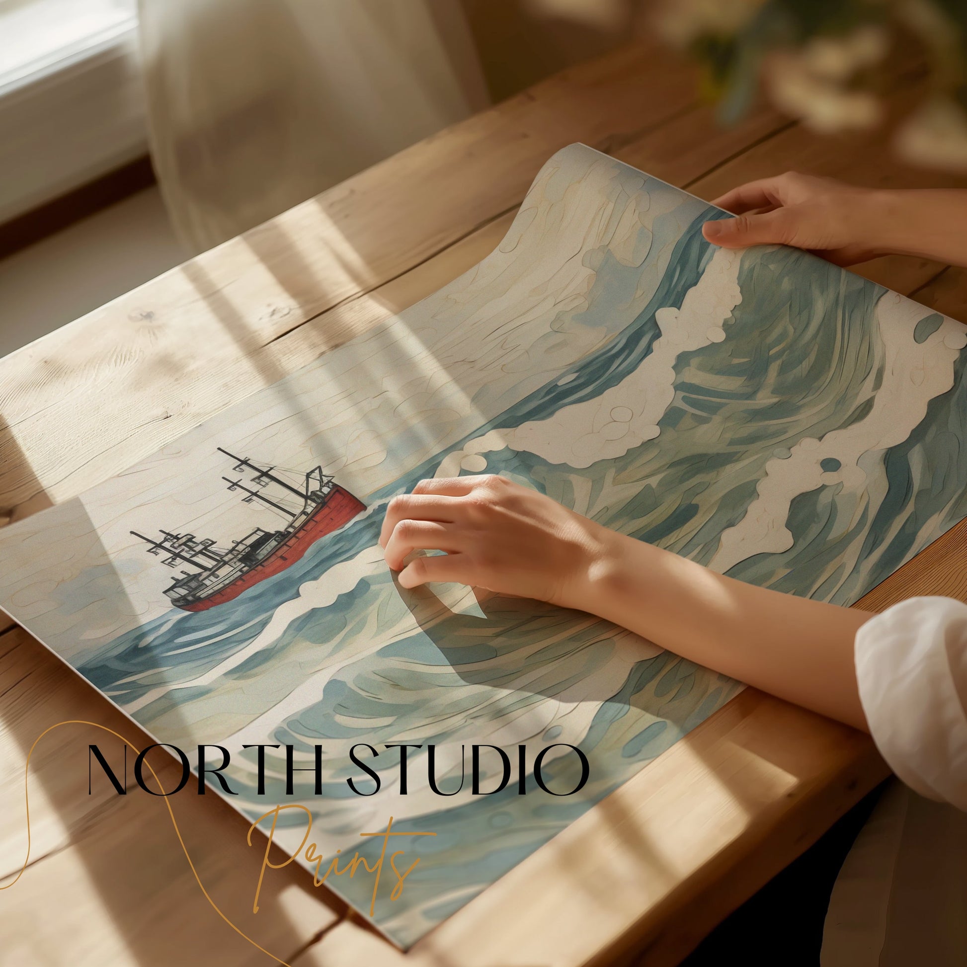 Premium Poster of Ocean Waves and Ship Art Print Wall Decor Posters