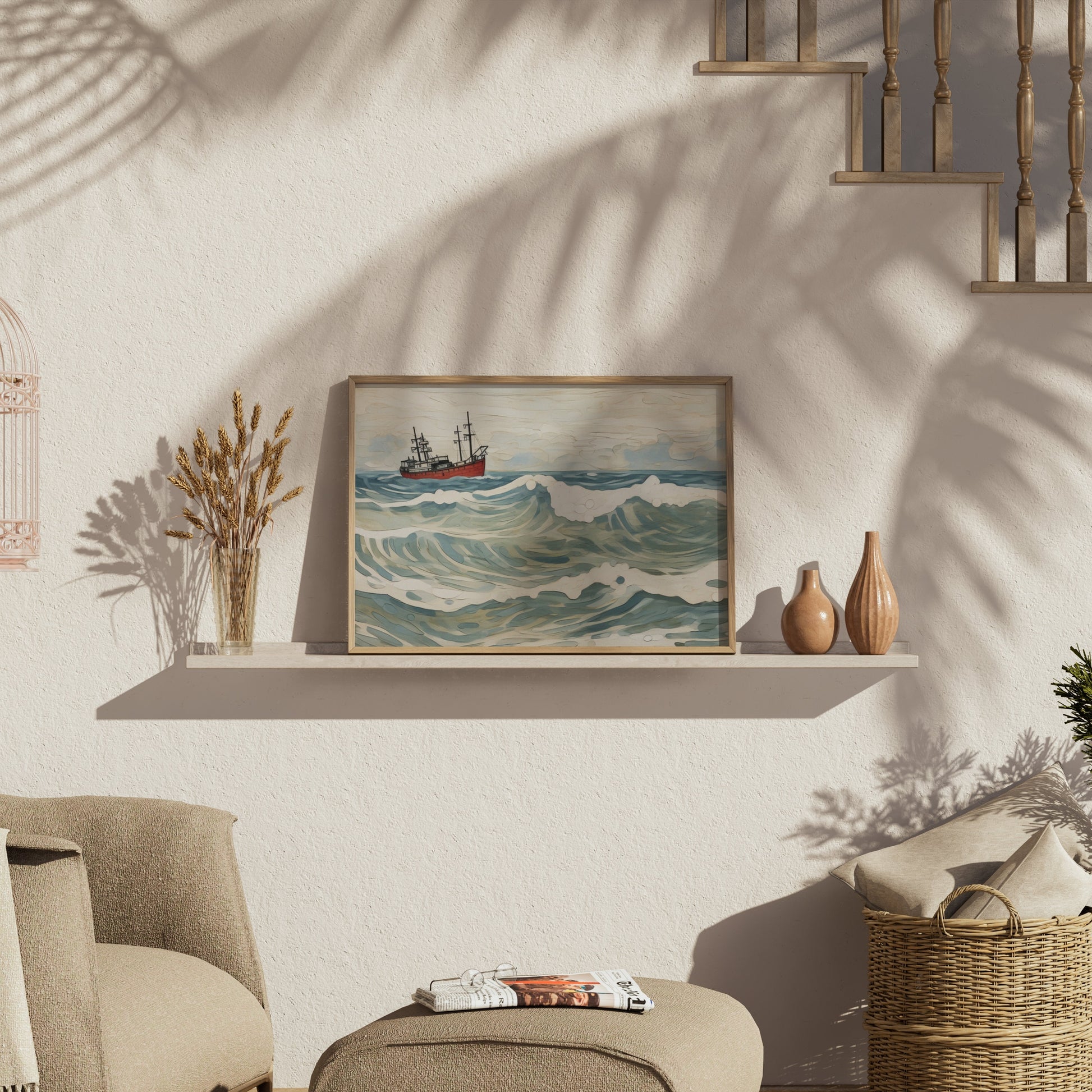 Premium Poster of Ocean Waves and Ship Art Print Wall Decor Posters