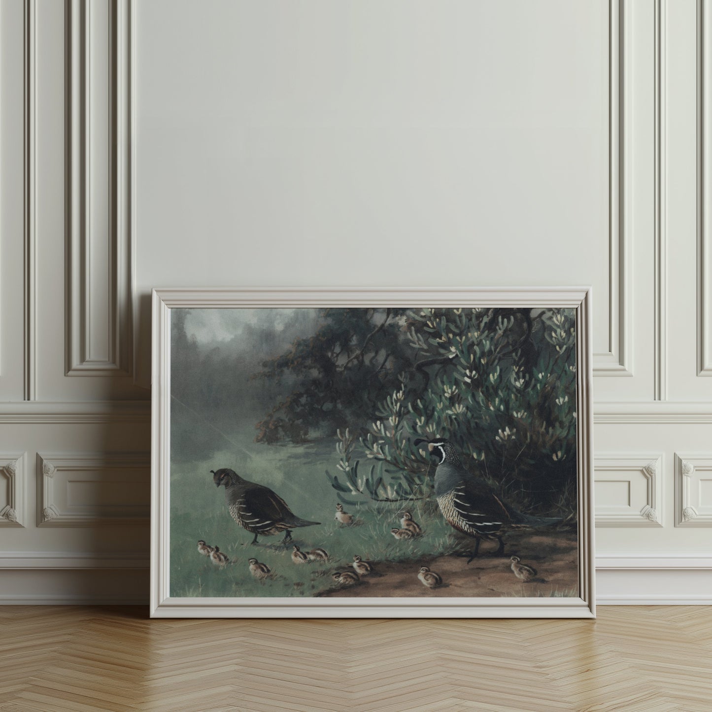 Premium Poster of Painting of Quails and Chicks in Natural Habitat Posters