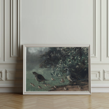 Premium Poster of Painting of Quails and Chicks in Natural Habitat Posters