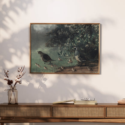 Premium Poster of Painting of Quails and Chicks in Natural Habitat Posters
