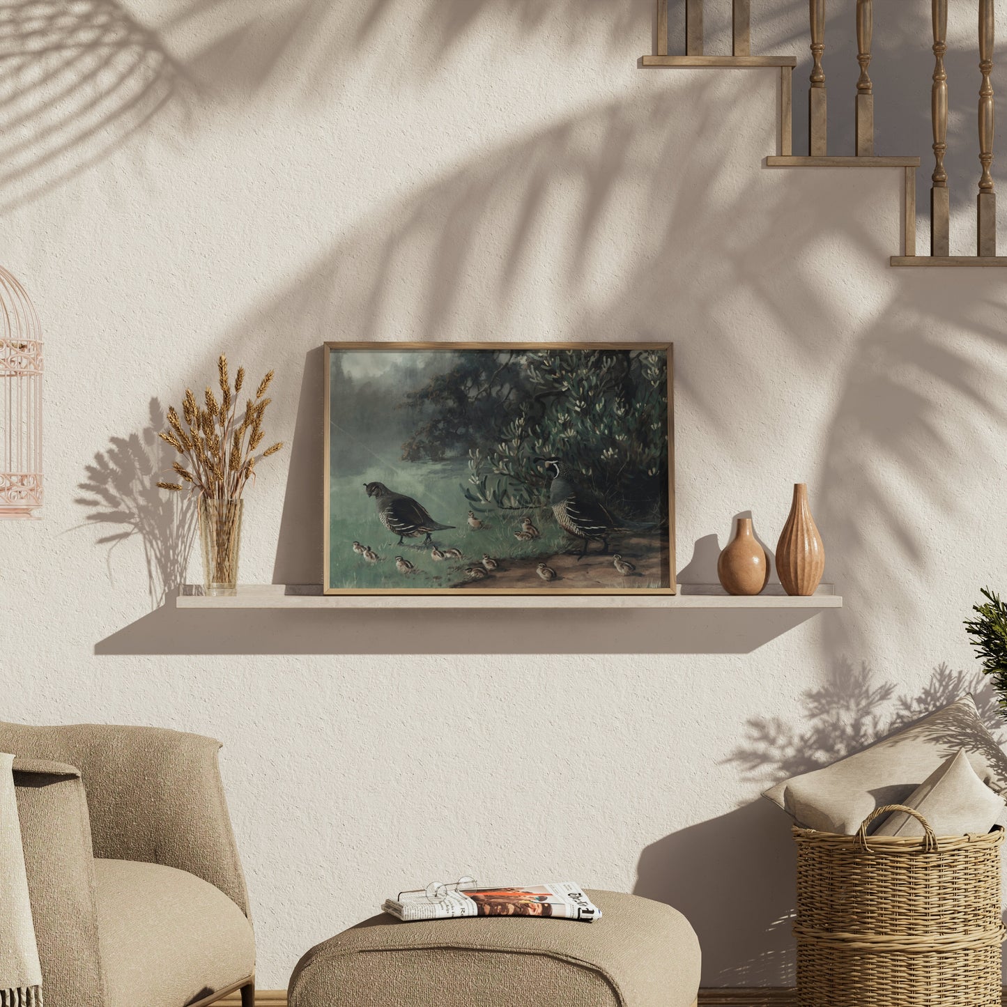 Premium Poster of Painting of Quails and Chicks in Natural Habitat Posters