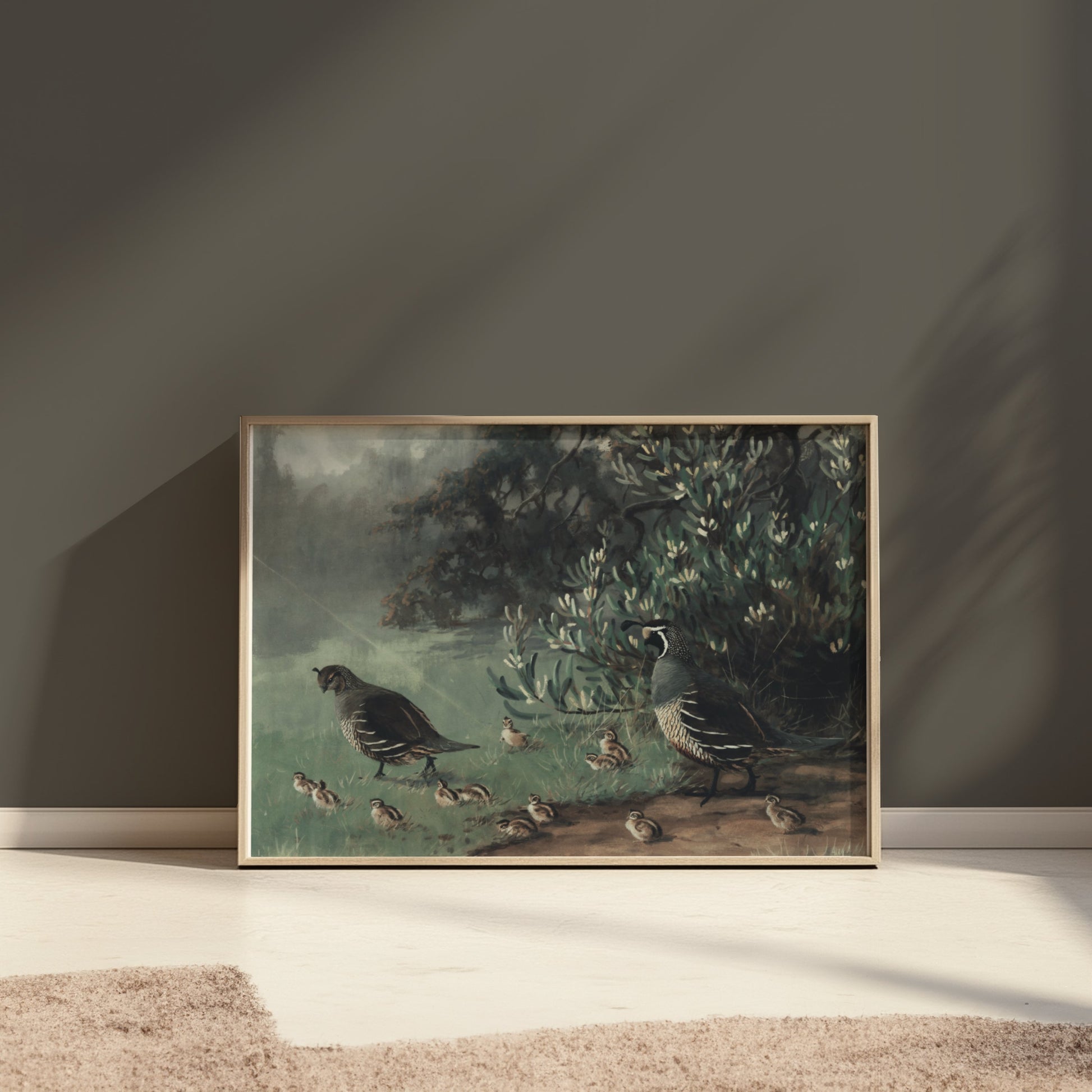 Premium Poster of Painting of Quails and Chicks in Natural Habitat Posters