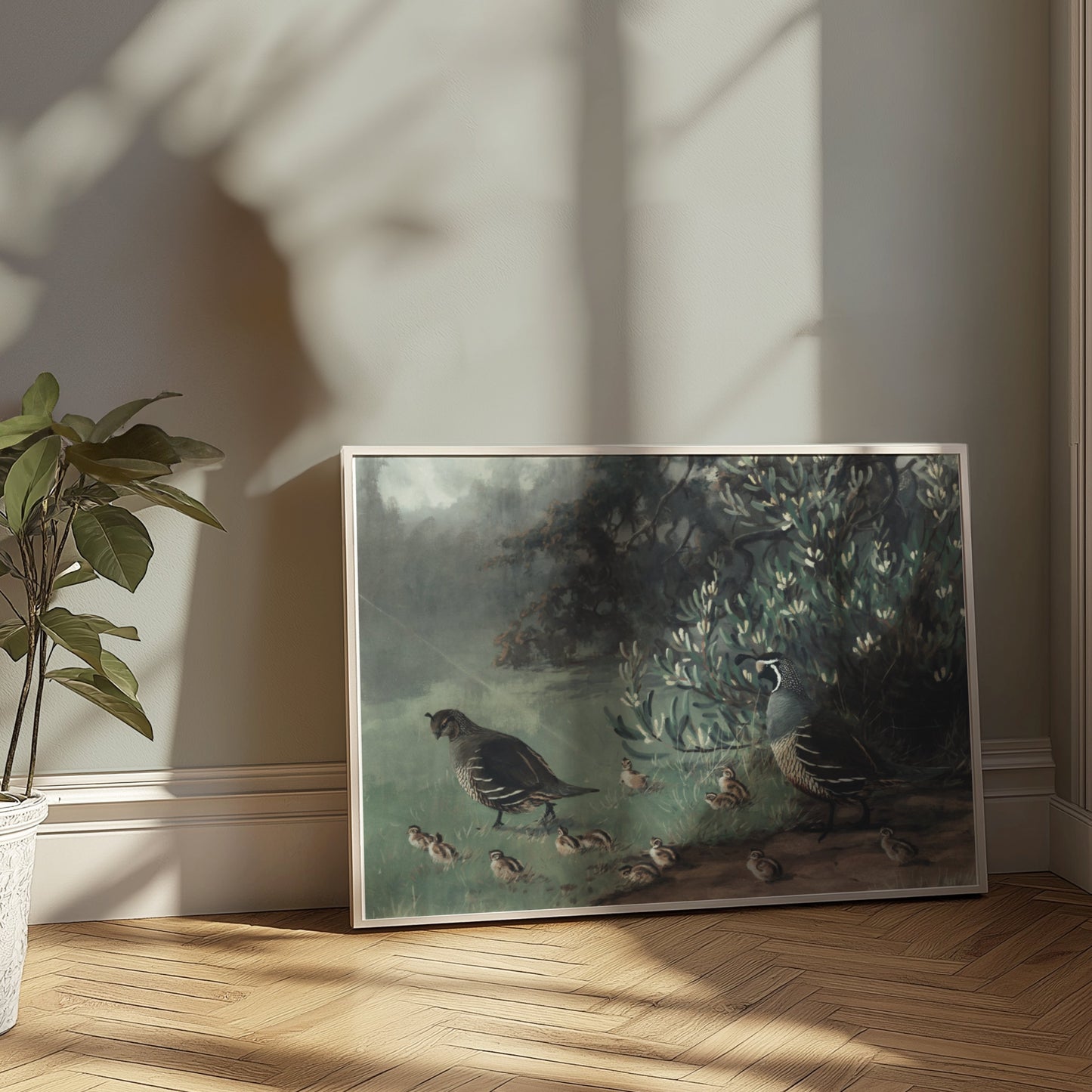 Premium Poster of Painting of Quails and Chicks in Natural Habitat Posters