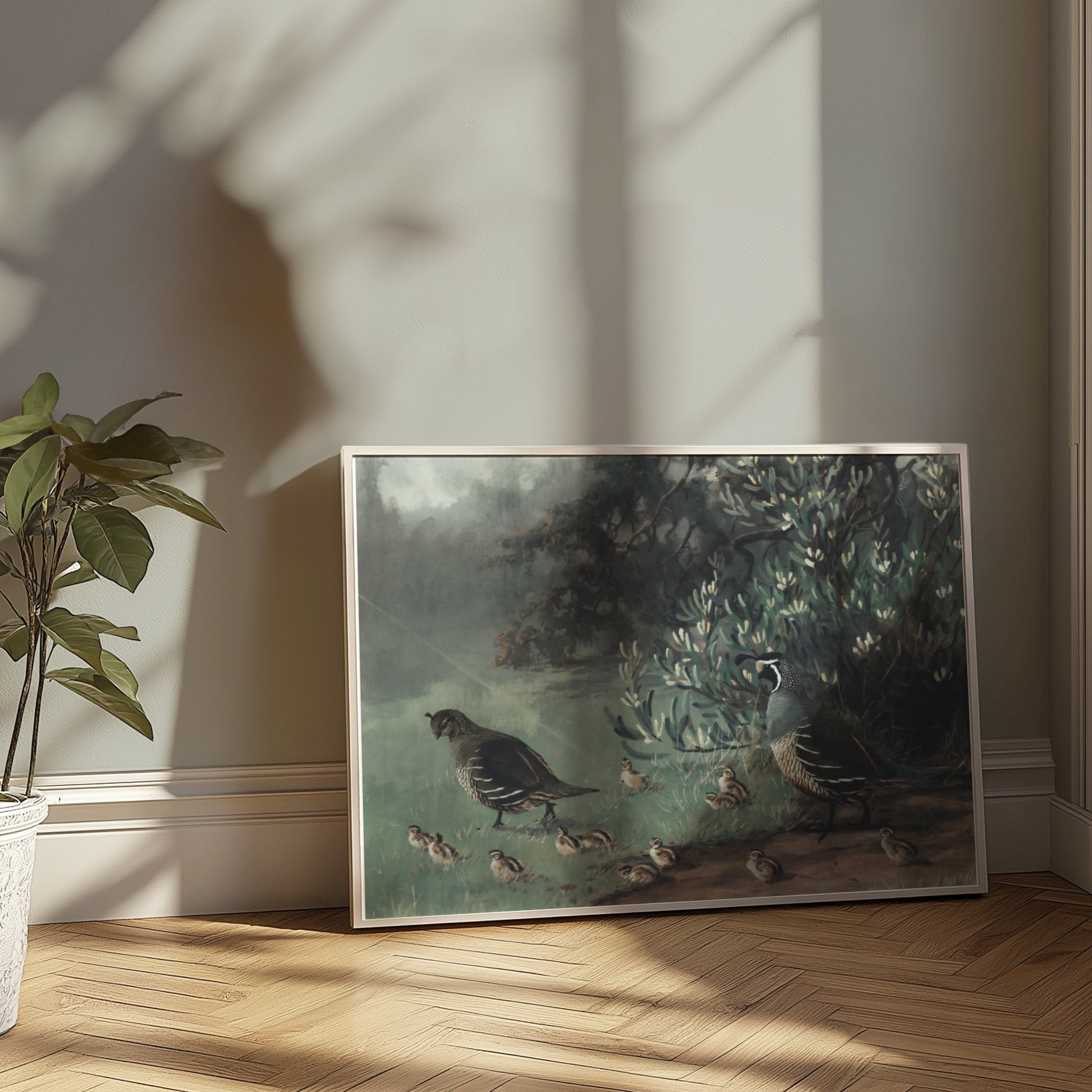 Premium Poster of Painting of Quails and Chicks in Natural Habitat Posters