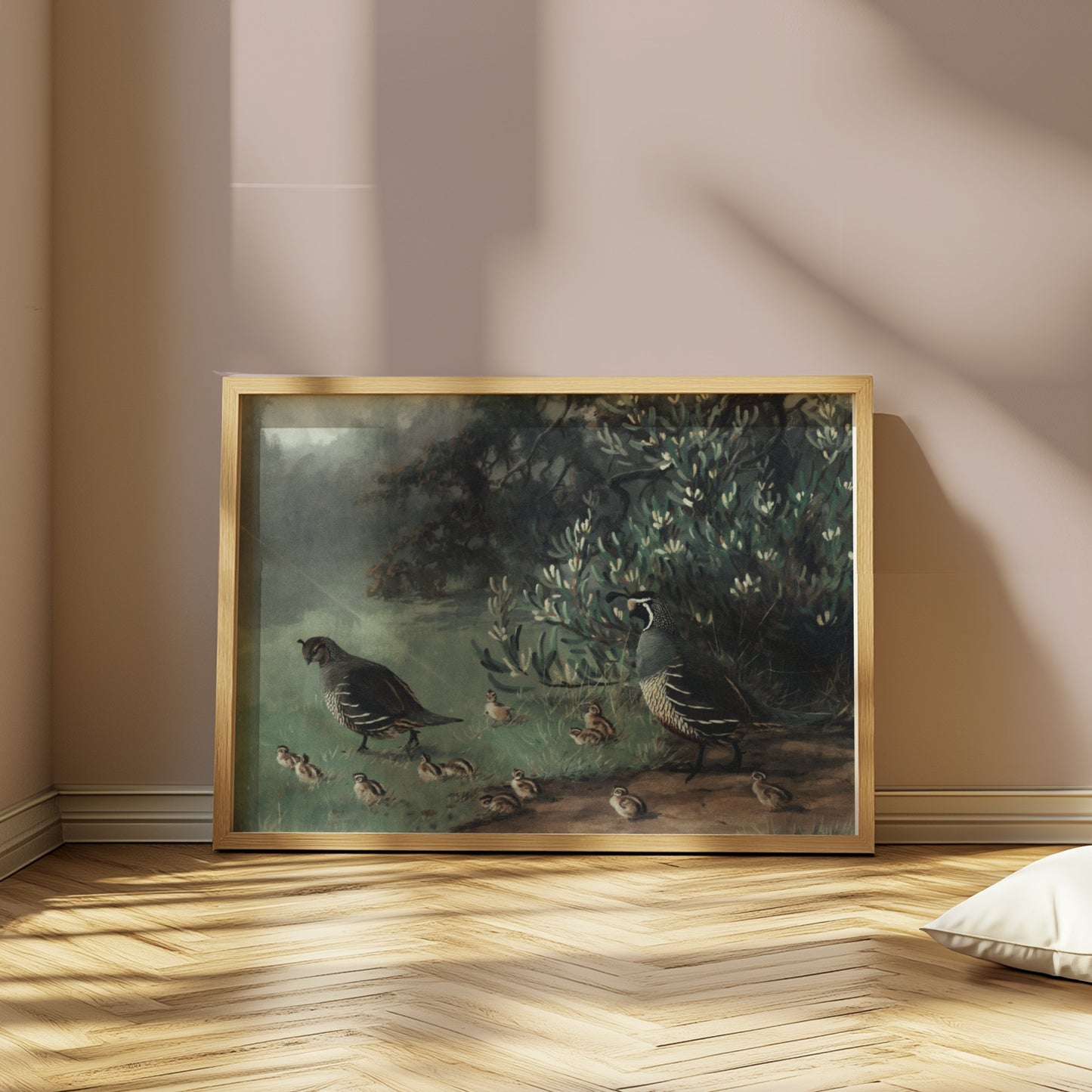Premium Poster of Painting of Quails and Chicks in Natural Habitat Posters