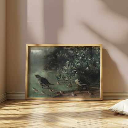 Premium Poster of Painting of Quails and Chicks in Natural Habitat Posters