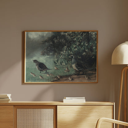 Premium Poster of Painting of Quails and Chicks in Natural Habitat Posters