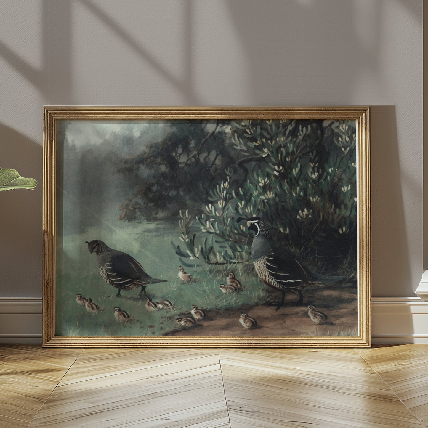 Premium Poster of Painting of Quails and Chicks in Natural Habitat Posters