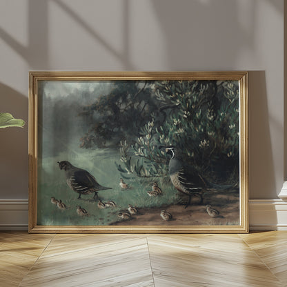 Premium Poster of Painting of Quails and Chicks in Natural Habitat Posters