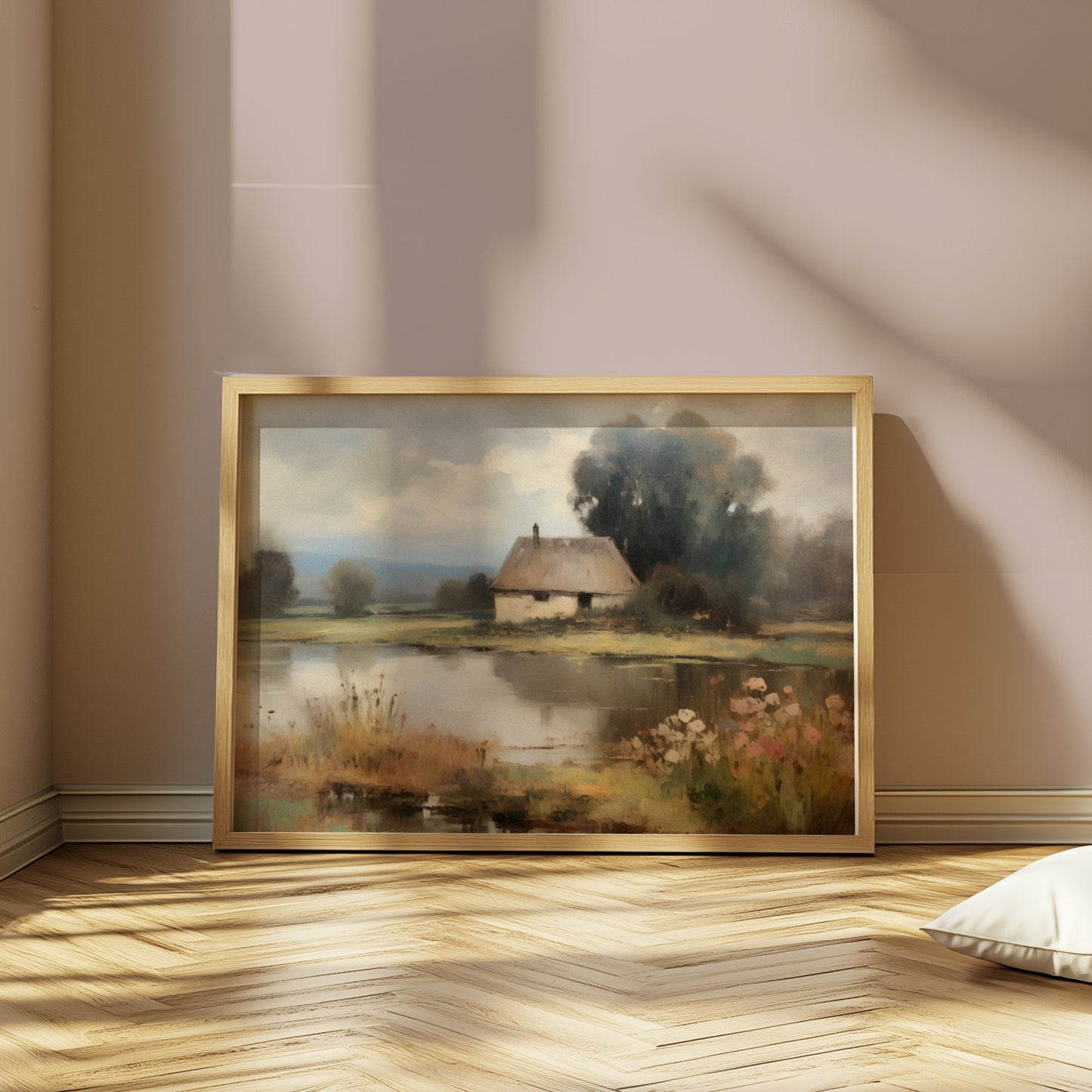 Premium Poster of Painting of a Tranquil Cottage by the Lake Posters