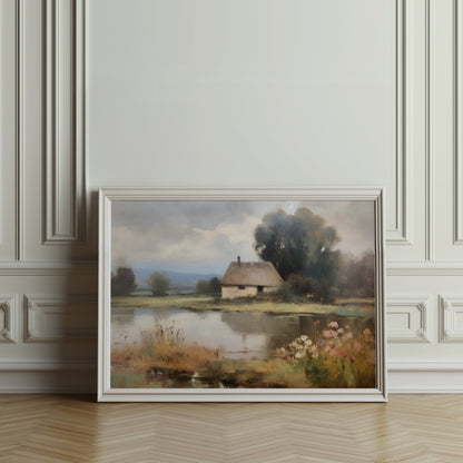 Premium Poster of Painting of a Tranquil Cottage by the Lake Posters