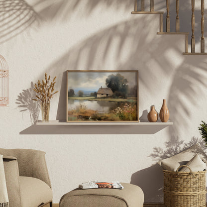 Premium Poster of Painting of a Tranquil Cottage by the Lake Posters