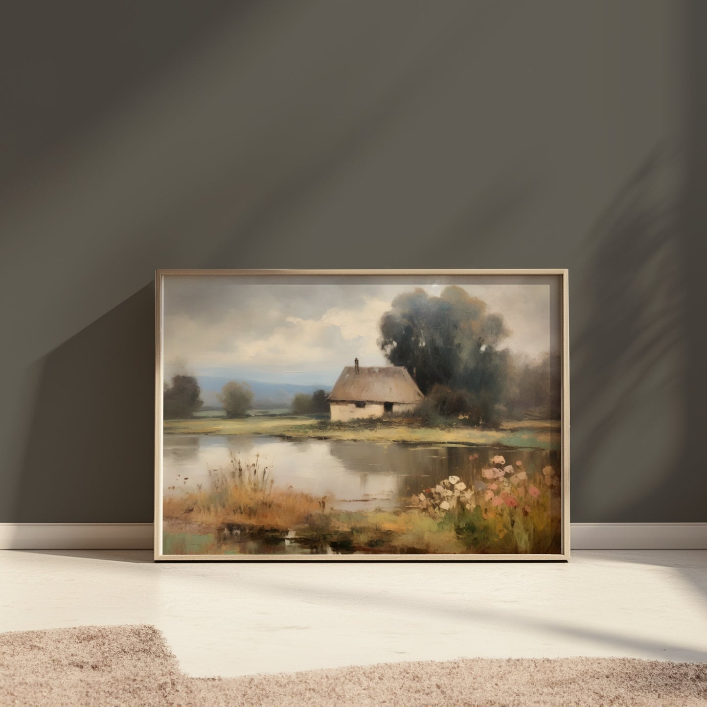 Premium Poster of Painting of a Tranquil Cottage by the Lake Posters