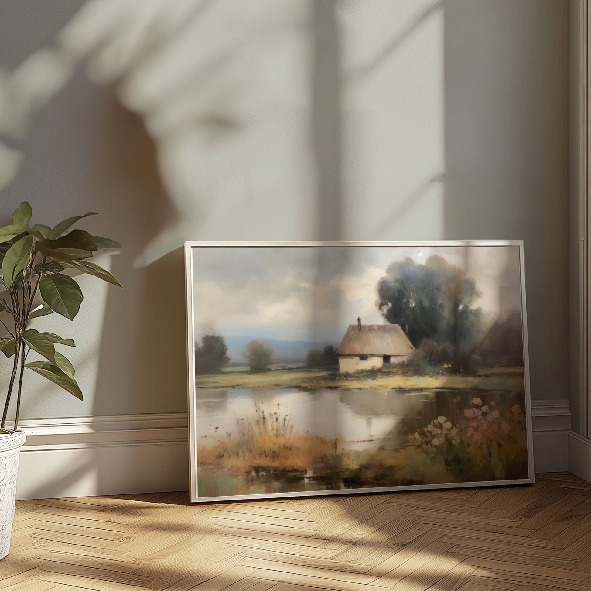 Premium Poster of Painting of a Tranquil Cottage by the Lake Posters