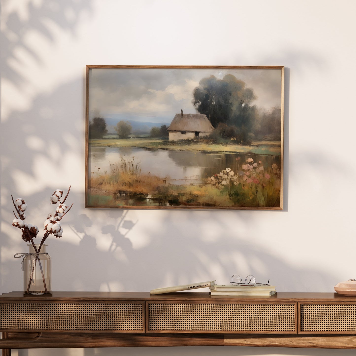 Premium Poster of Painting of a Tranquil Cottage by the Lake Posters