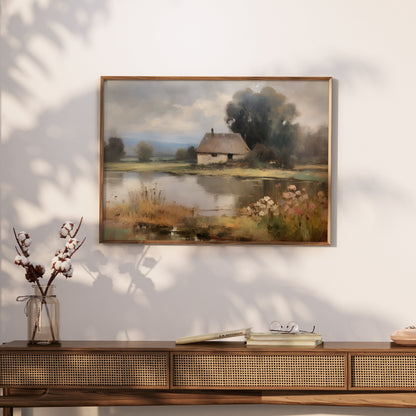 Premium Poster of Painting of a Tranquil Cottage by the Lake Posters