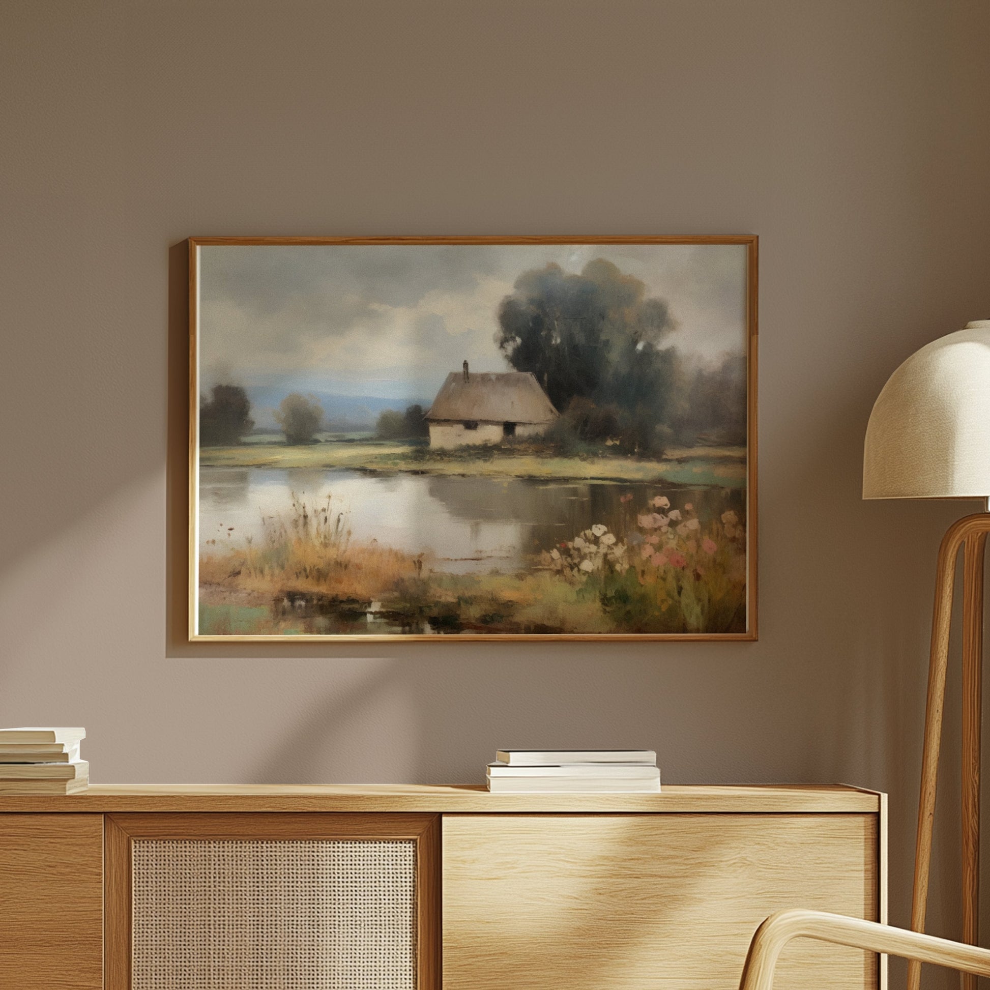 Premium Poster of Painting of a Tranquil Cottage by the Lake Posters