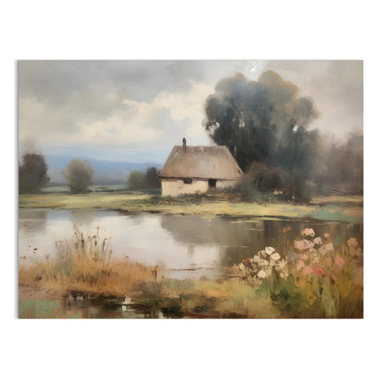 Premium Poster of Painting of a Tranquil Cottage by the Lake Posters