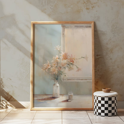 Premium Poster of Pastel Flower Vase by a Sunlit Window for Home Decor Posters