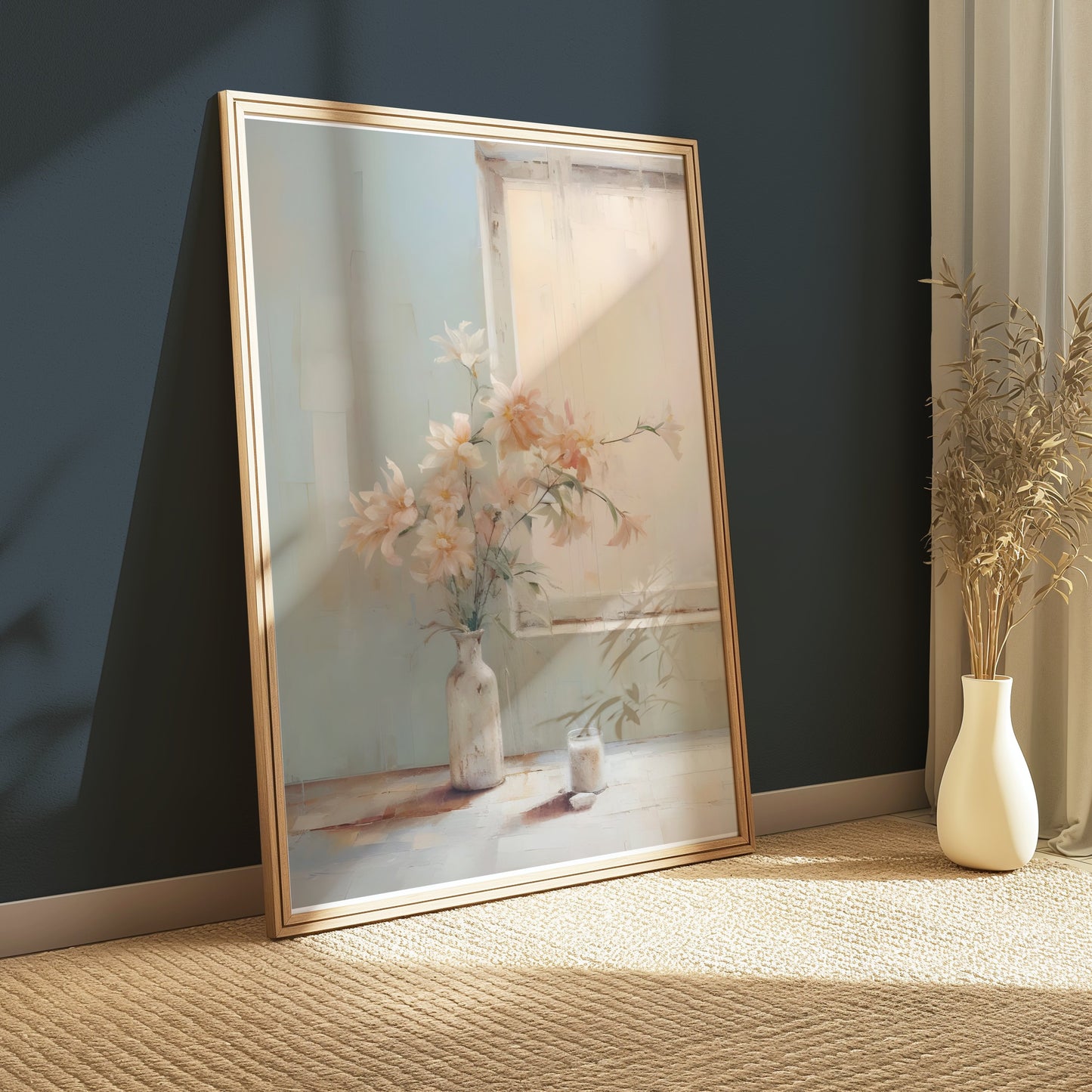 Premium Poster of Pastel Flower Vase by a Sunlit Window for Home Decor Posters